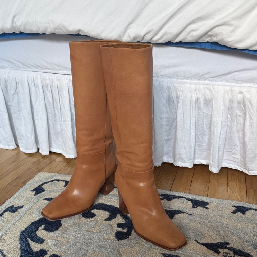 PAIGE Keely Tan Leather‎ Knee-High Block Heel Boots - Picture 2 of 9